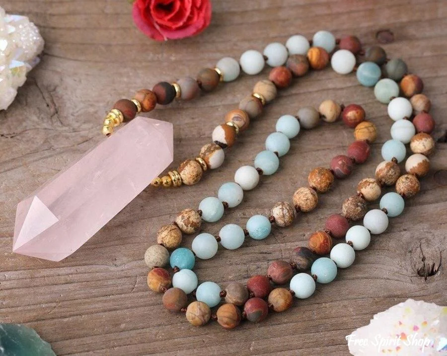 Natural Jasper Amazonite & Rose Quartz Wand-point Beaded Necklace - Image 5