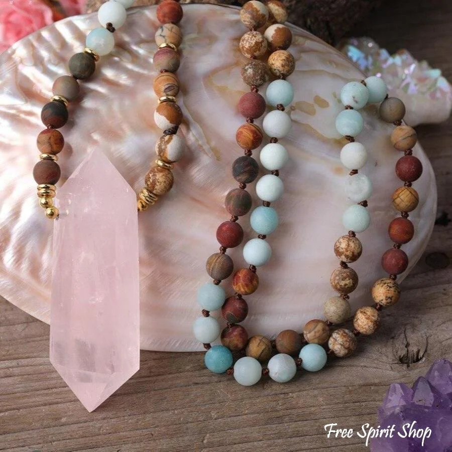 Natural Jasper Amazonite & Rose Quartz Wand-point Beaded Necklace - Image 6