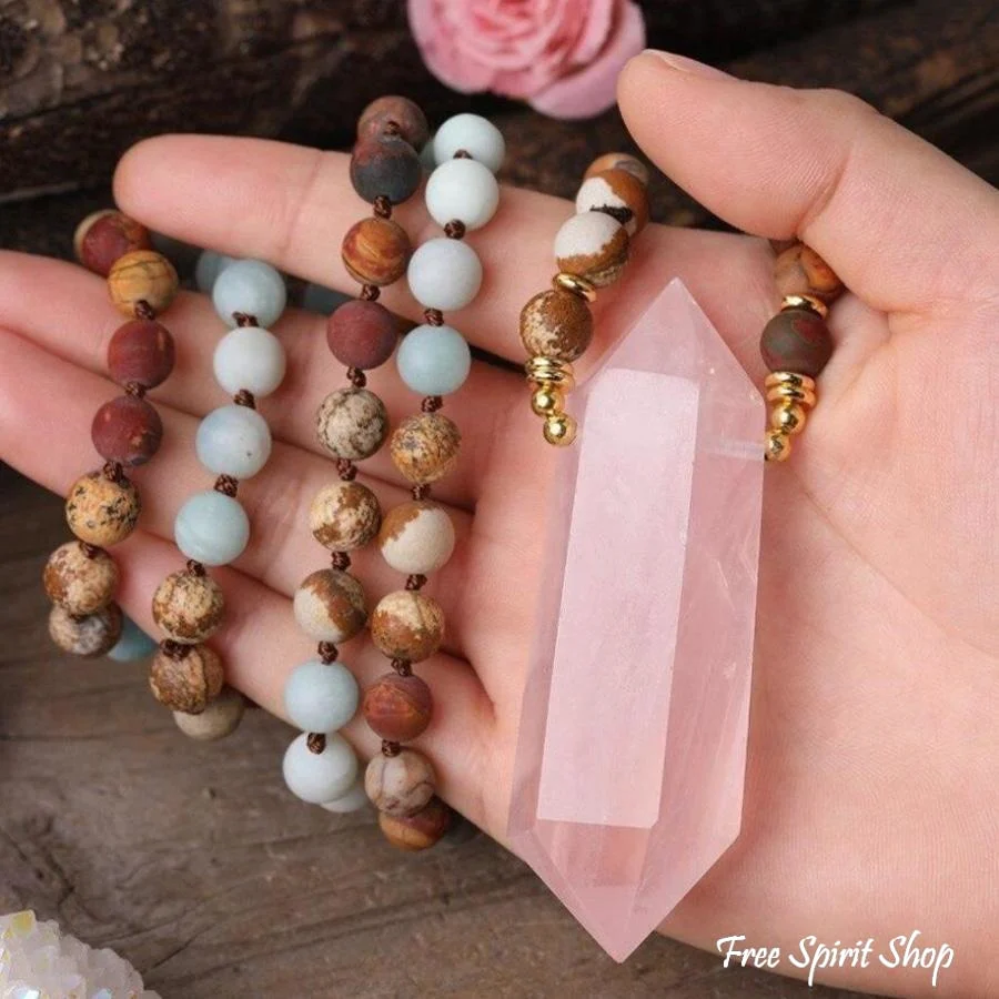 Natural Jasper Amazonite & Rose Quartz Wand-point Beaded Necklace - Image 7