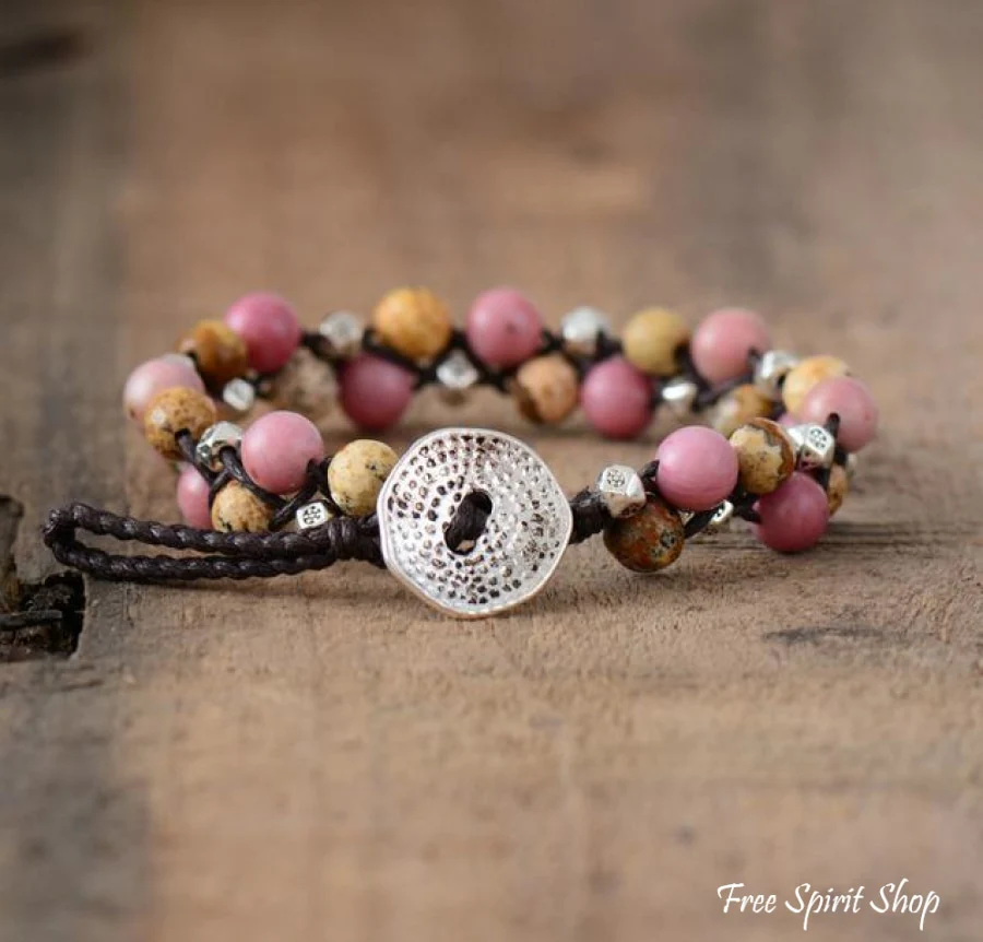 Natural Jasper & Rhodonite Gemstone Wrap Bracelet - Image 3