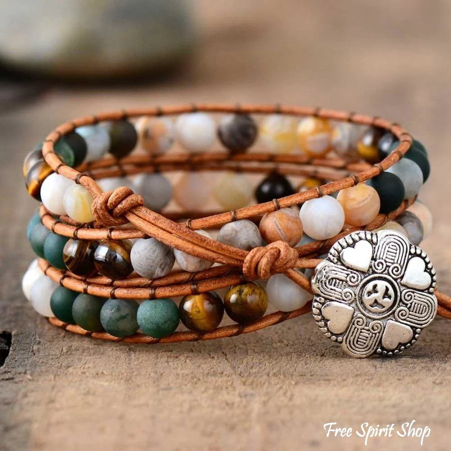 Natural Jasper Tiger Eye & Green Onyx Beaded Wrap Bracelet