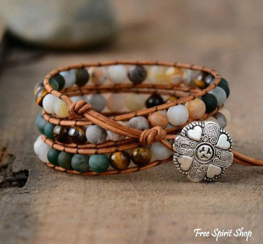 Natural Jasper Tiger Eye & Green Onyx Beaded Wrap Bracelet - Image 3