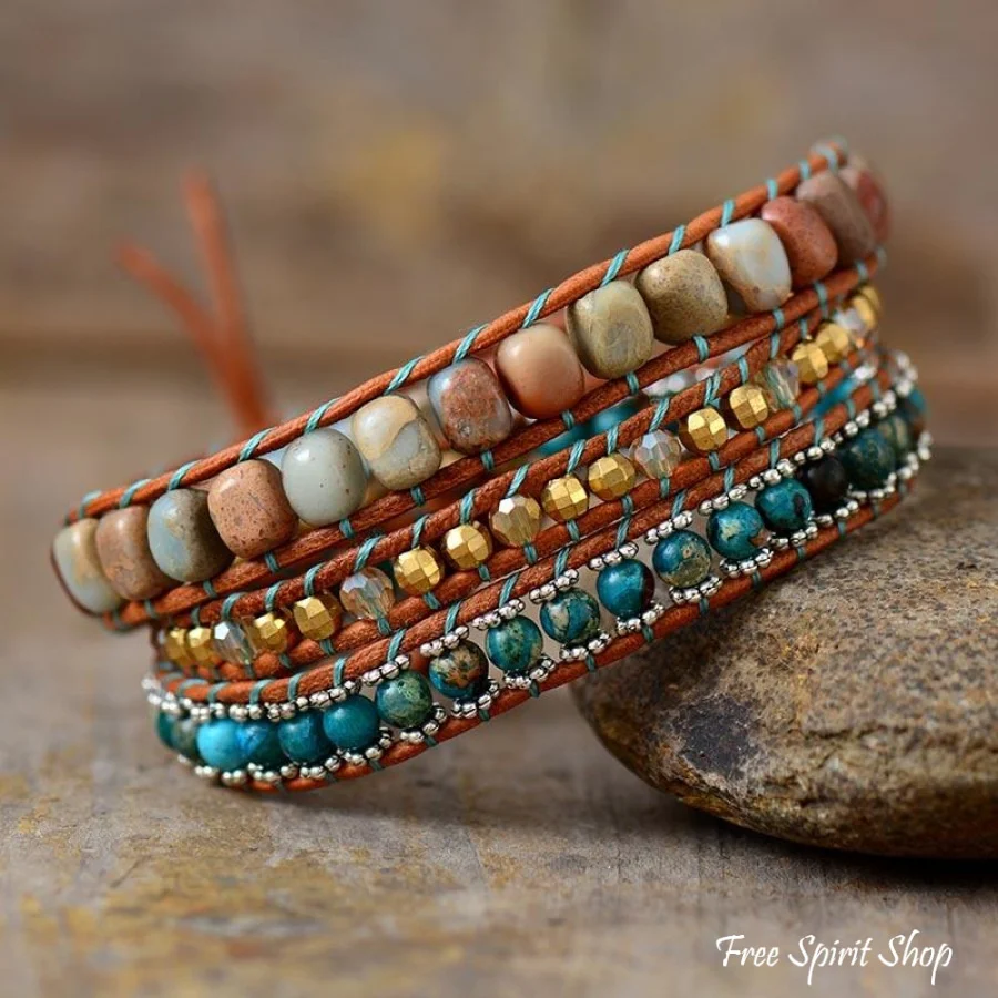 Natural King Jasper & Blue Jasper Wrap Bracelet - Image 4