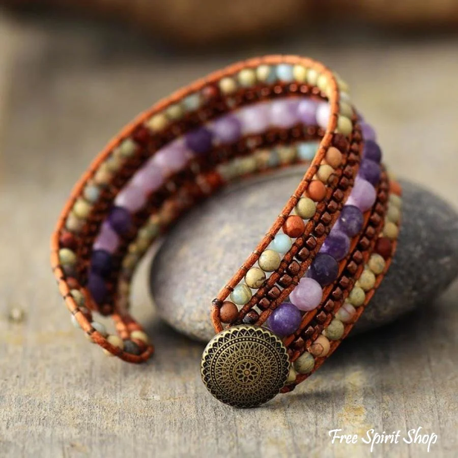 Natural King Jasper & Purple Quartz Bead Bracelet - Image 3