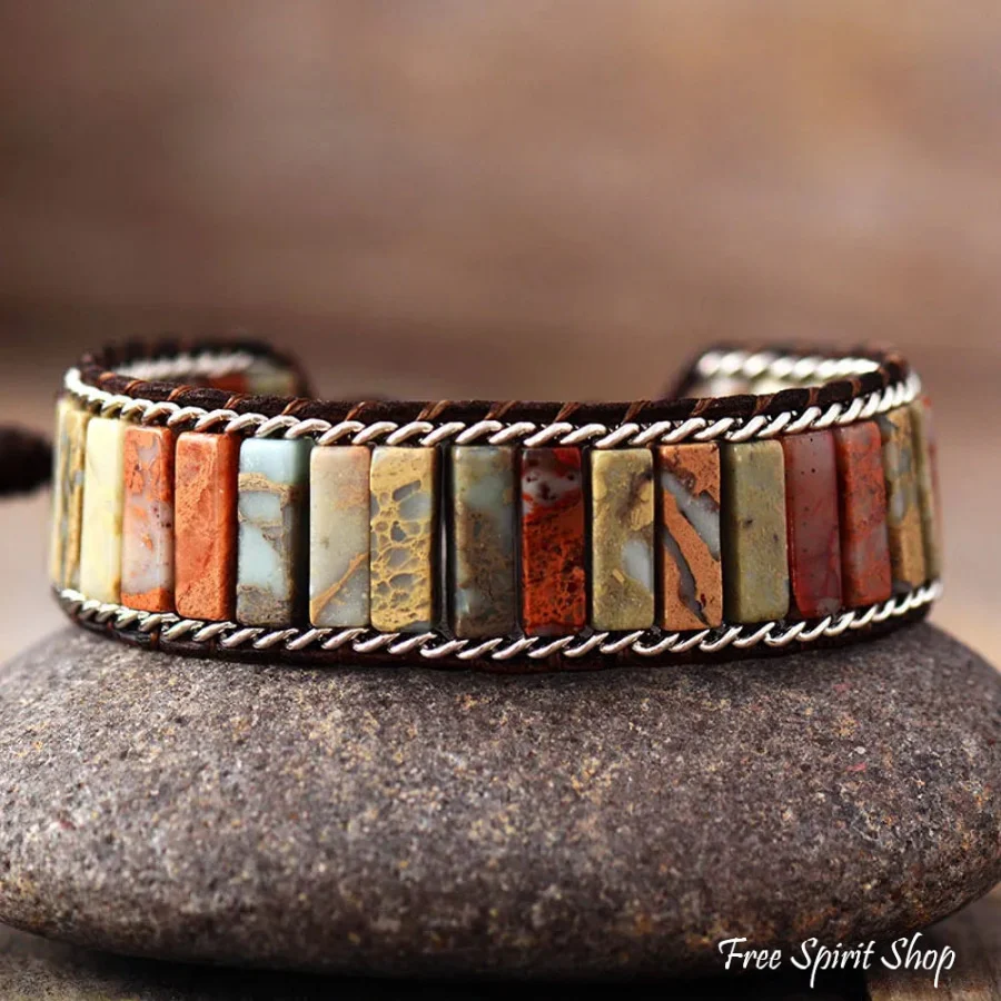 Natural King Jasper & Silver Chain Bead Bracelet