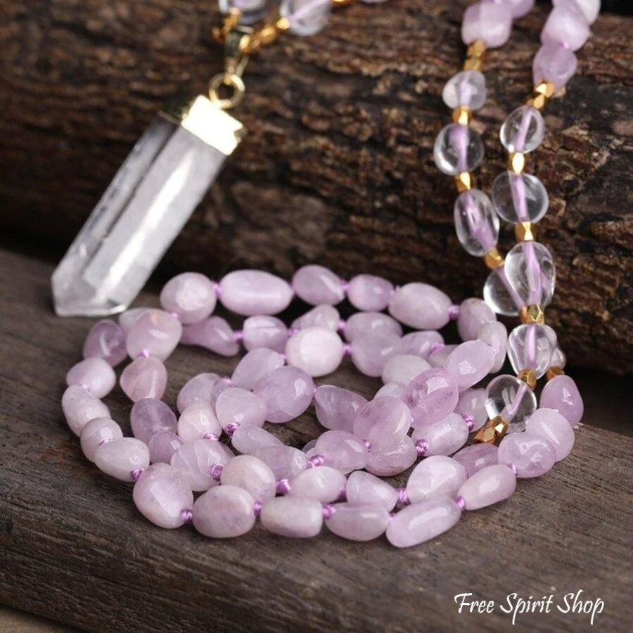 Natural Kunzite Crystal & Clear Quartz Beaded Necklace - Image 2