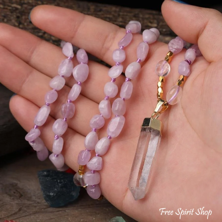 Natural Kunzite Crystal & Clear Quartz Beaded Necklace - Image 3