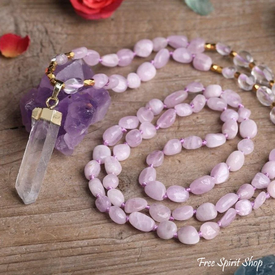 Natural Kunzite Crystal & Clear Quartz Beaded Necklace - Image 5