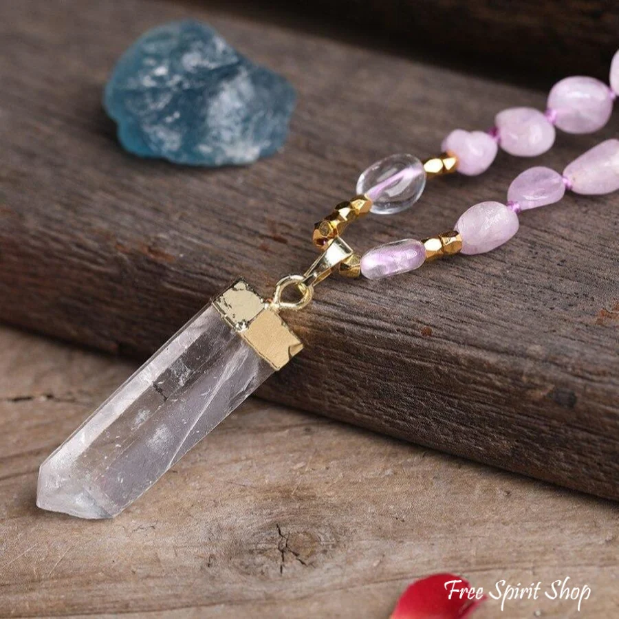 Natural Kunzite Crystal & Clear Quartz Beaded Necklace - Image 6