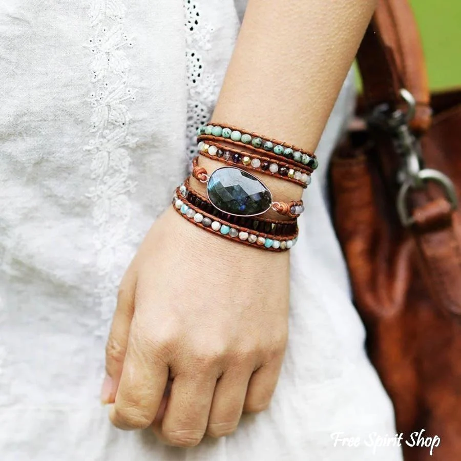 Natural Labradorite African Turquoise & Agate Wrap Bracelet - Image 2