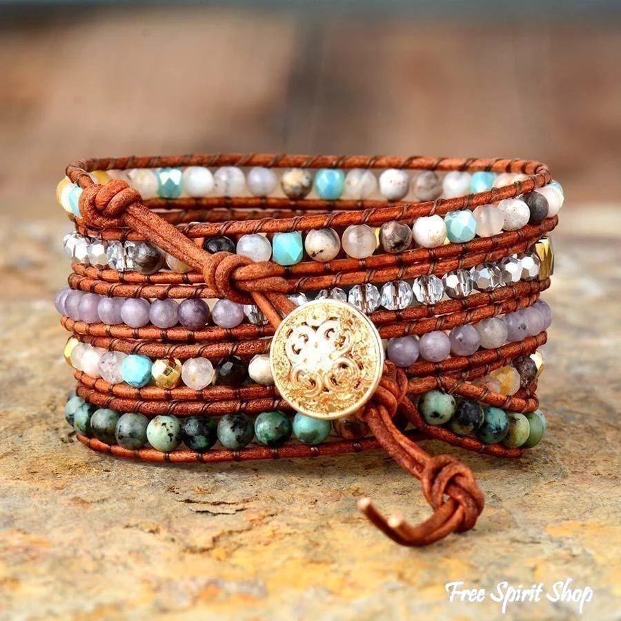 Natural Labradorite African Turquoise & Agate Wrap Bracelet - Image 3