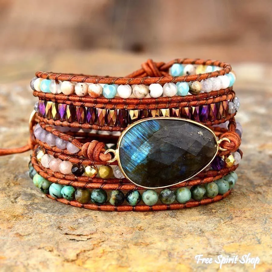 Natural Labradorite African Turquoise & Agate Wrap Bracelet - Image 4