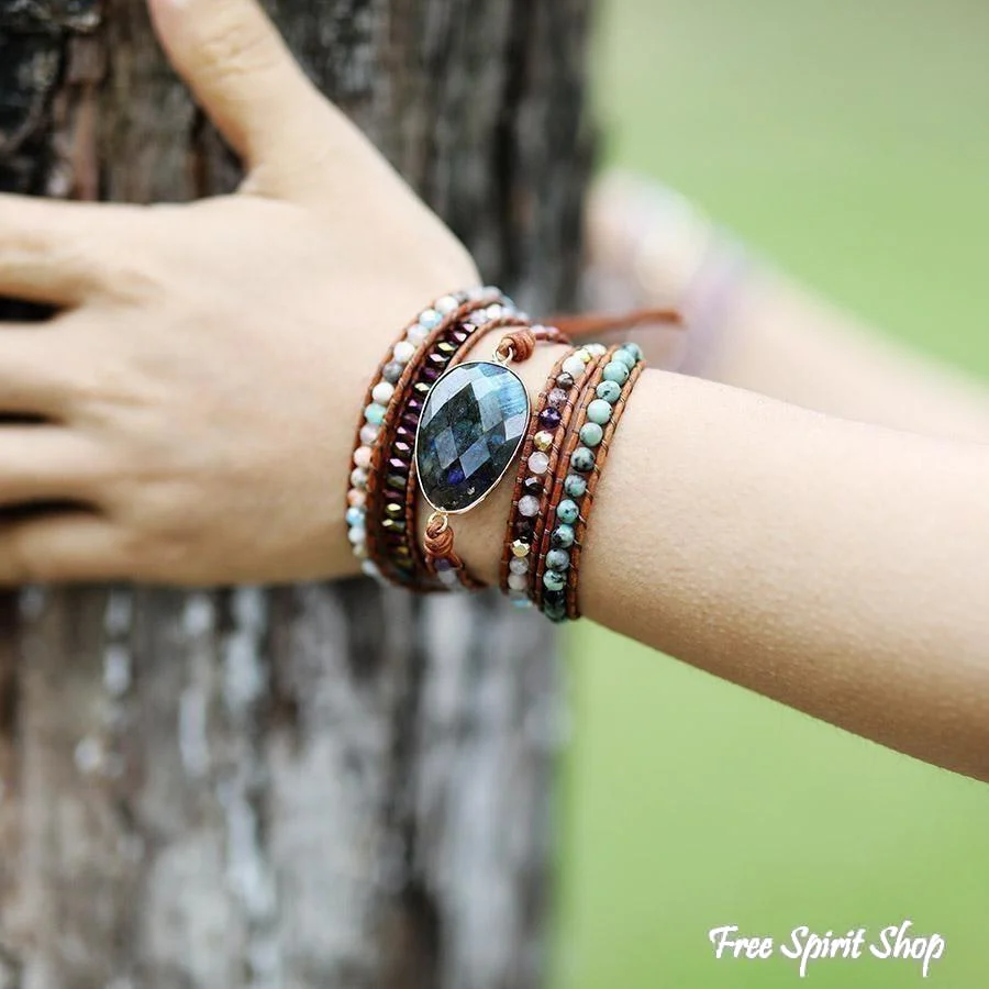Natural Labradorite African Turquoise & Agate Wrap Bracelet - Image 5
