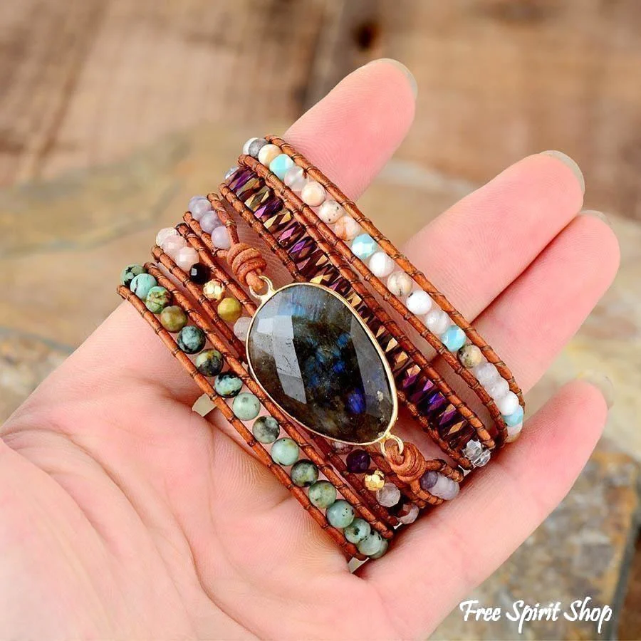 Natural Labradorite African Turquoise & Agate Wrap Bracelet - Image 6