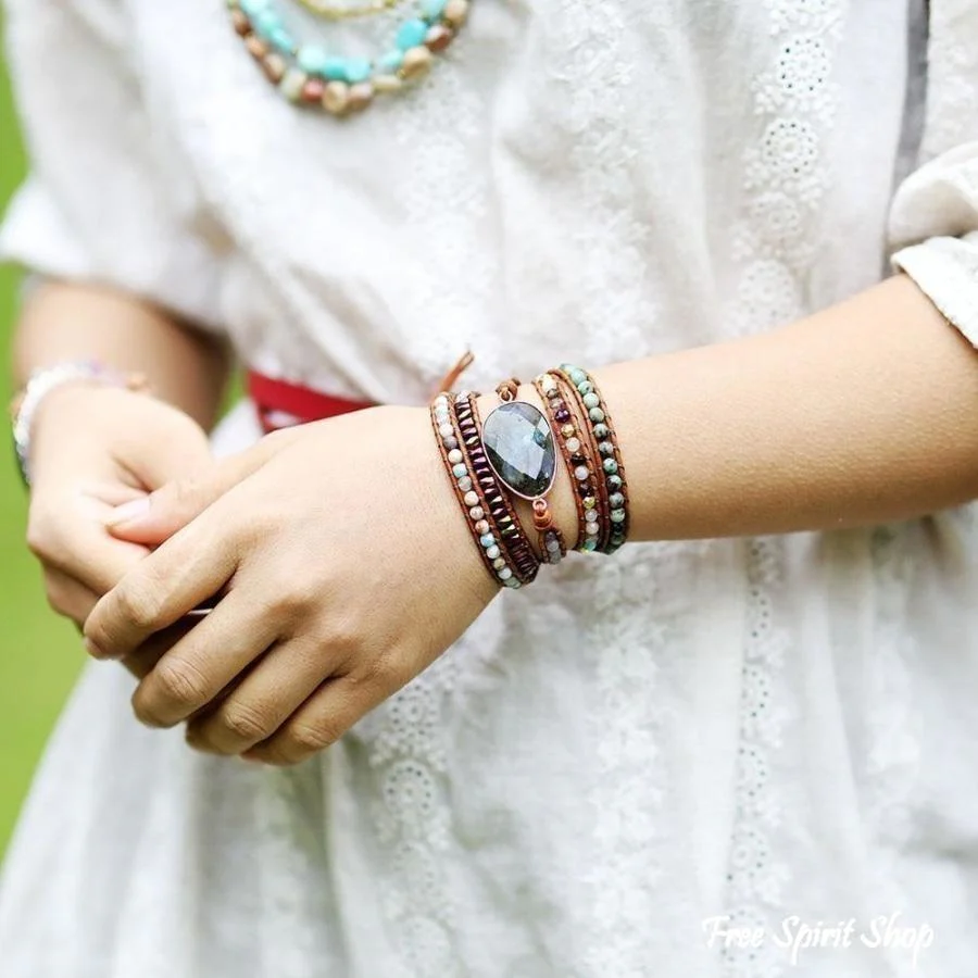 Natural Labradorite African Turquoise & Agate Wrap Bracelet - Image 7