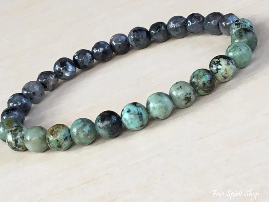 Natural Labradorite & African Turquoise Gemstone Bead Mala Bracelet - Image 3