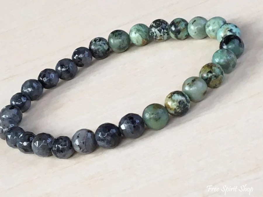 Natural Labradorite & African Turquoise Gemstone Bead Mala Bracelet - Image 4