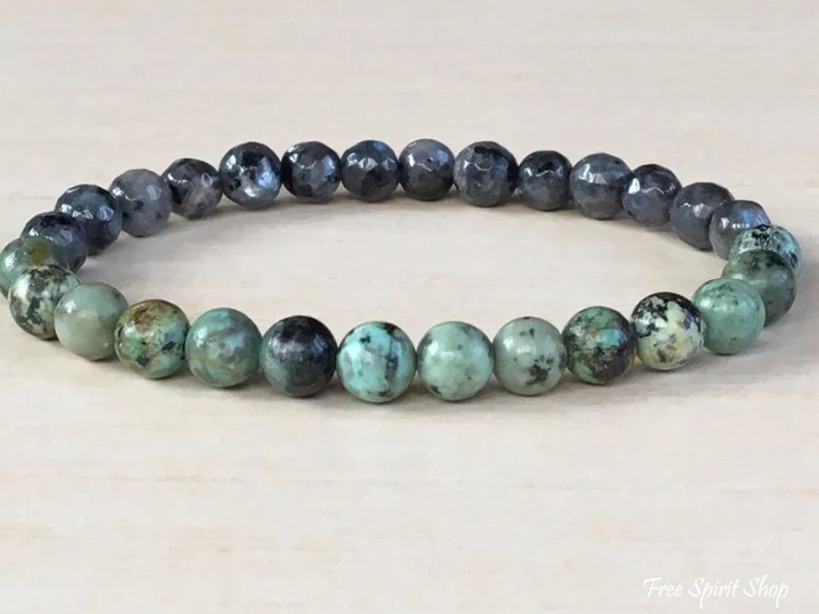 Natural Labradorite & African Turquoise Gemstone Bead Mala Bracelet - Image 5