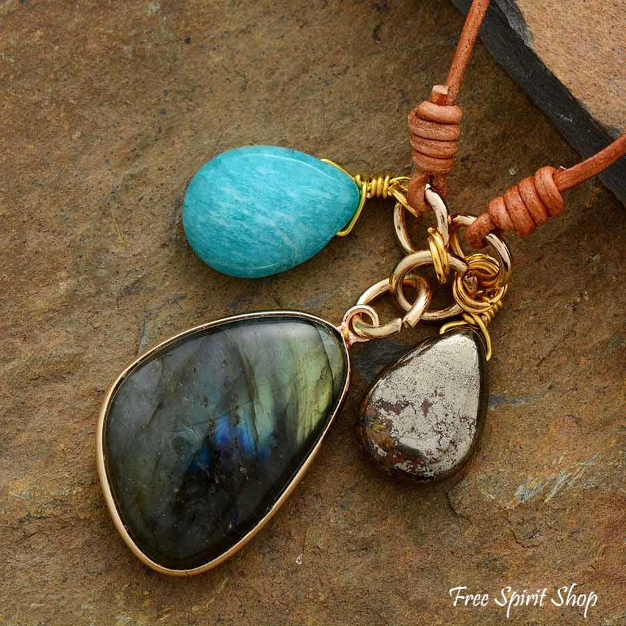 Natural Labradorite Amazonite & Pyrite Stone Leather Necklace - Image 4