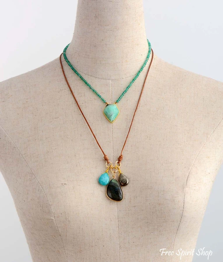 Natural Labradorite Amazonite & Pyrite Stone Leather Necklace - Image 5