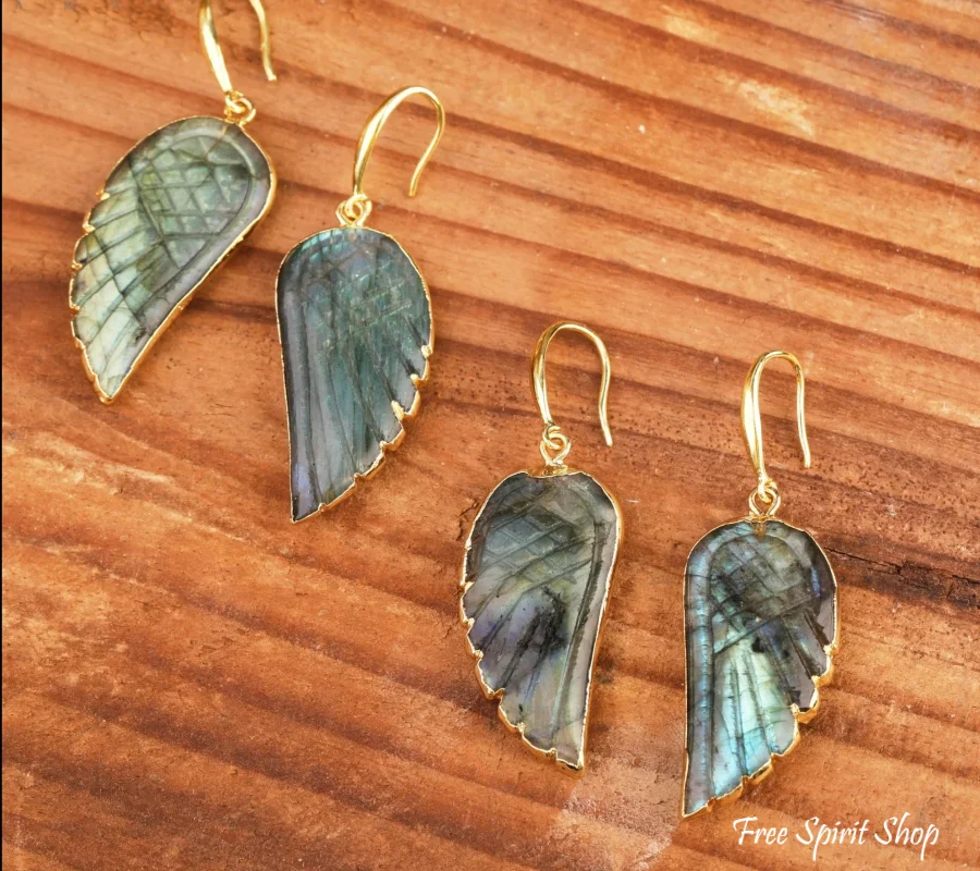 Natural Labradorite Angel Wings Earrings - Image 2