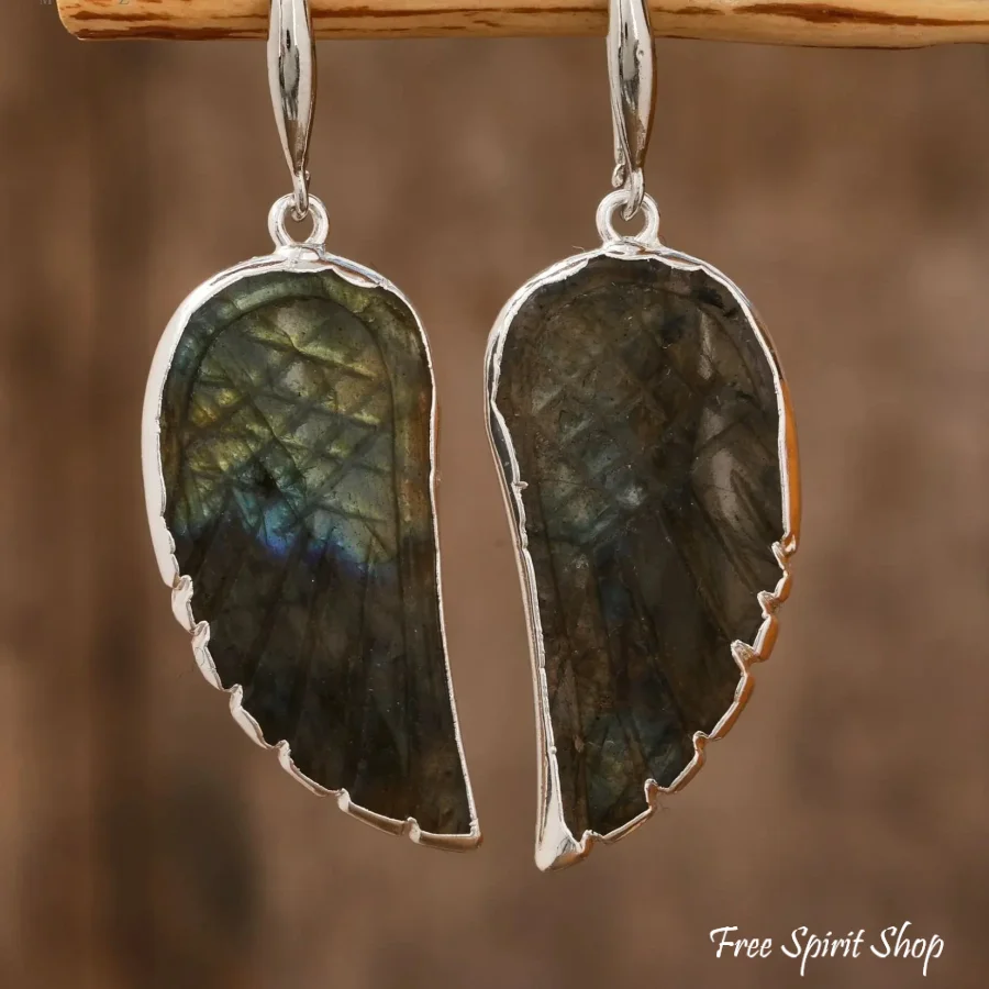 Natural Labradorite Angel Wings Earrings - Image 3
