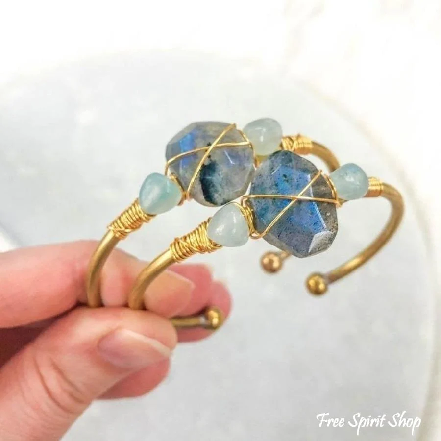 Natural Labradorite & Aquamarine Gold Cuff - Image 3