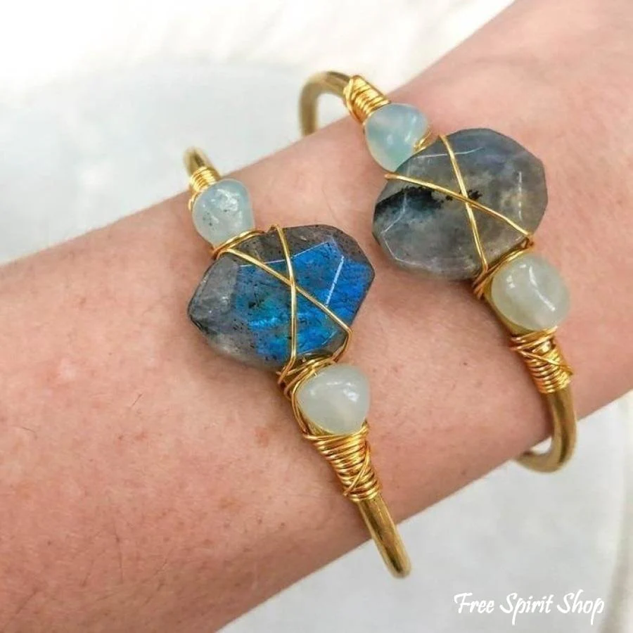 Natural Labradorite & Aquamarine Gold Cuff - Image 4