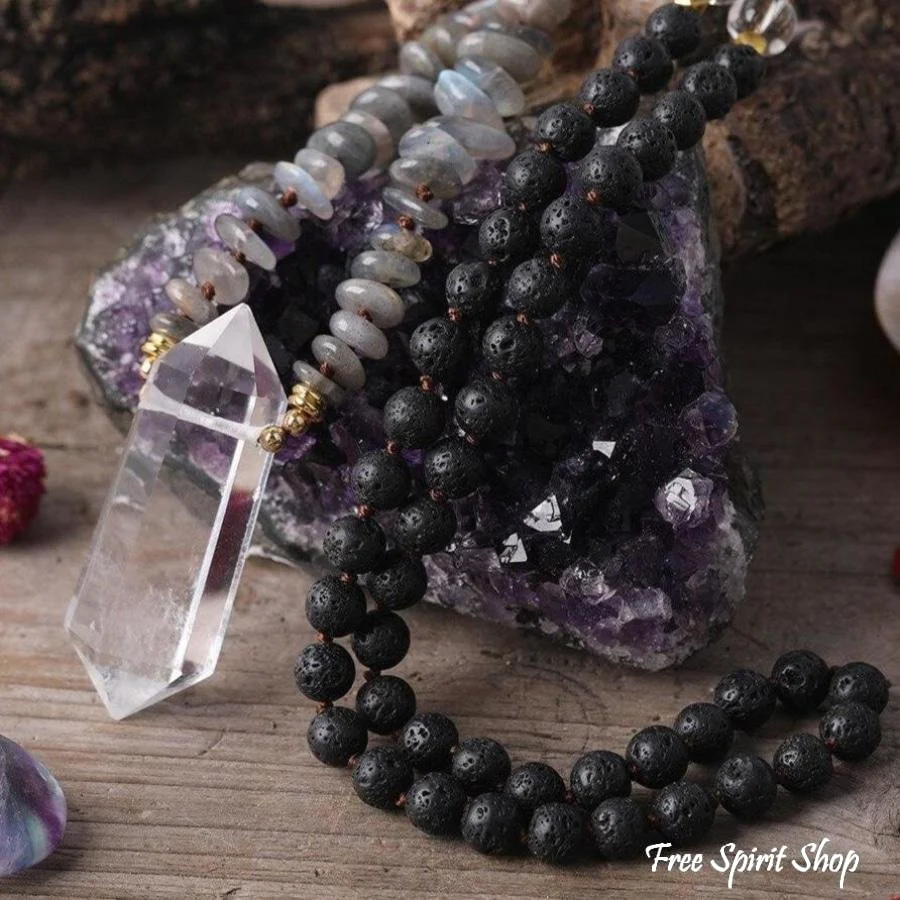 Natural Labradorite Black Lava Stones & Quartz Crystal Necklace - Image 3