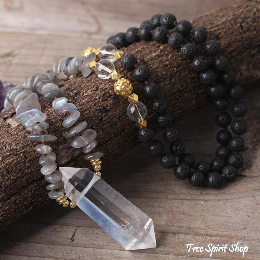 Natural Labradorite Black Lava Stones & Quartz Crystal Necklace - Image 4