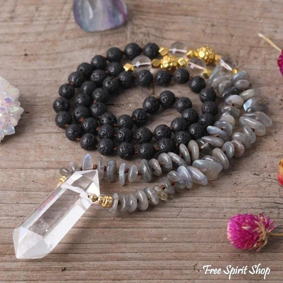 Natural Labradorite Black Lava Stones & Quartz Crystal Necklace - Image 5