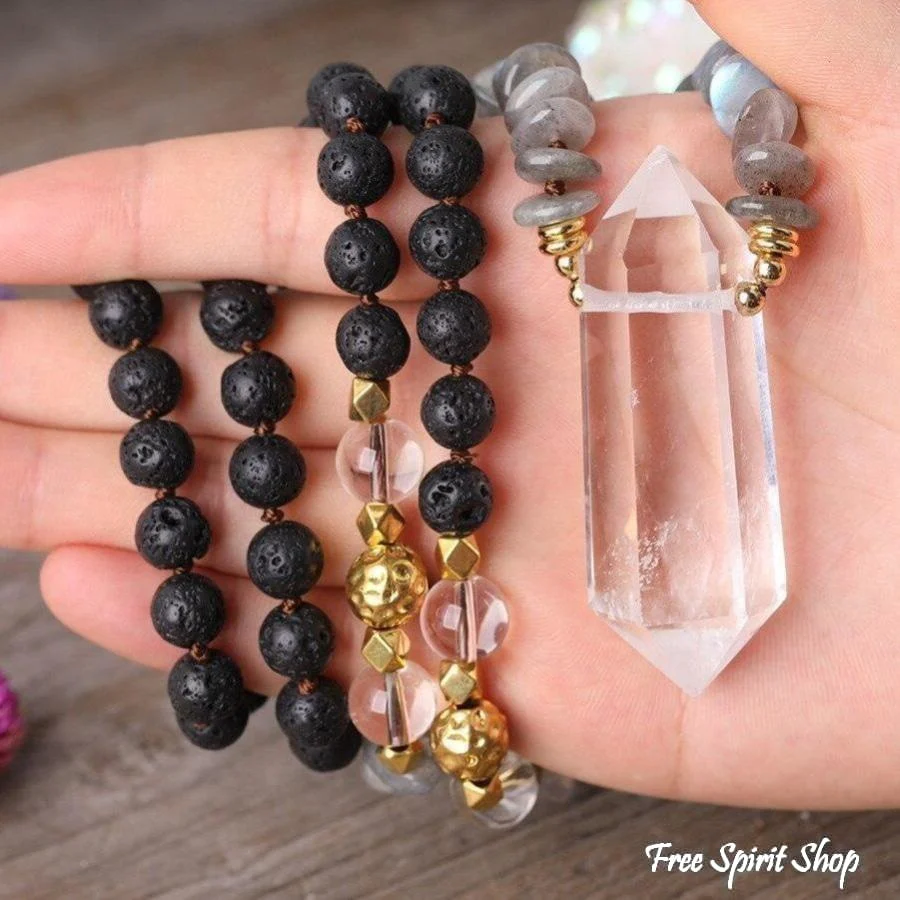 Natural Labradorite Black Lava Stones & Quartz Crystal Necklace - Image 6