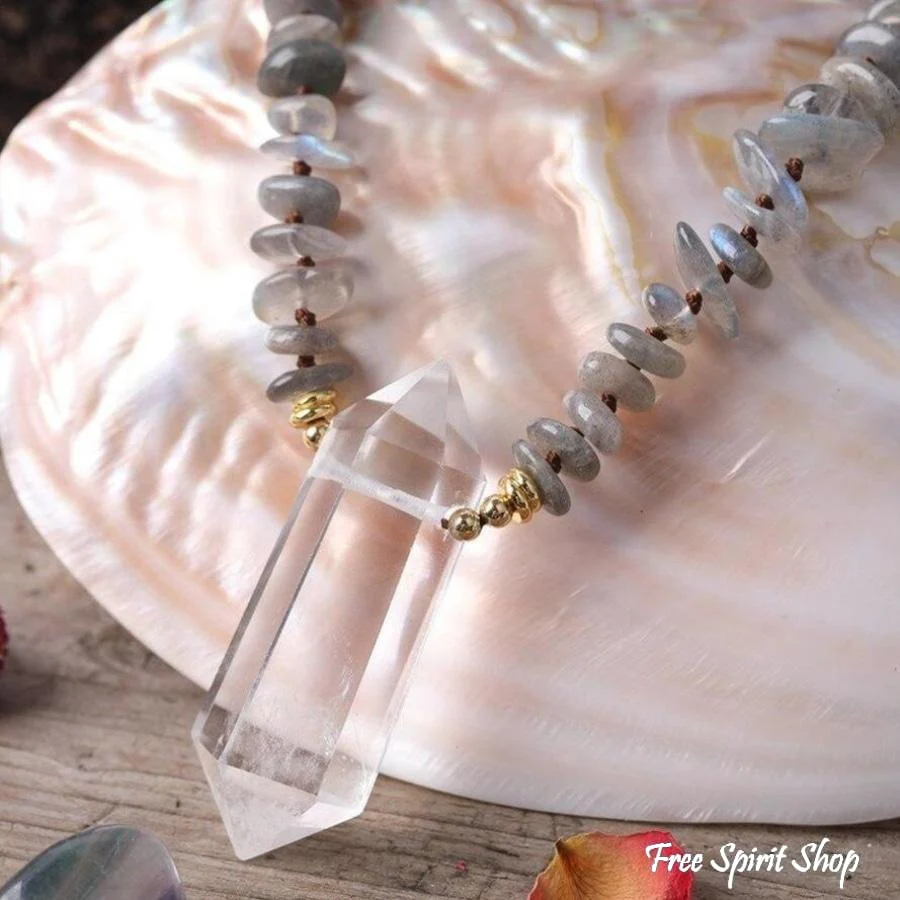 Natural Labradorite Black Lava Stones & Quartz Crystal Necklace - Image 7