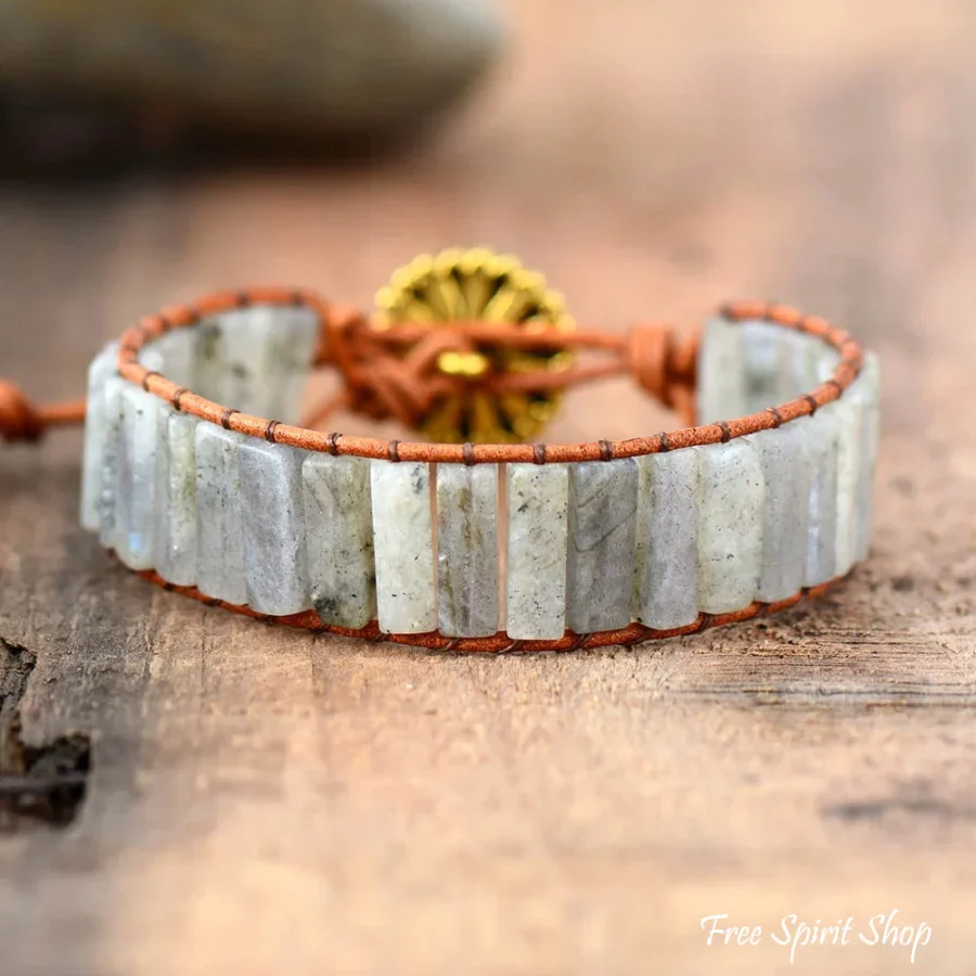 Natural Labradorite Gemstone Leather Wrap Bracelet - Image 3