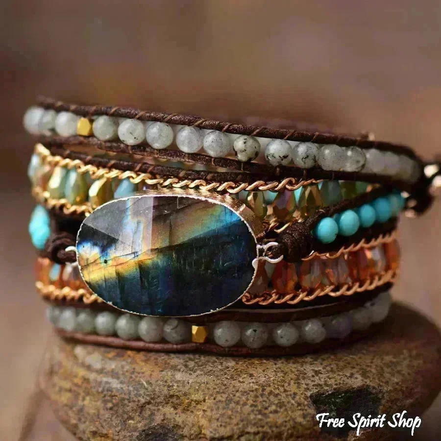 Natural Labradorite & Gold Chain Bead Wrap Bracelet