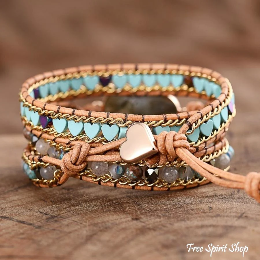 Natural Labradorite Heart Beaded Wrap Bracelet - Image 2