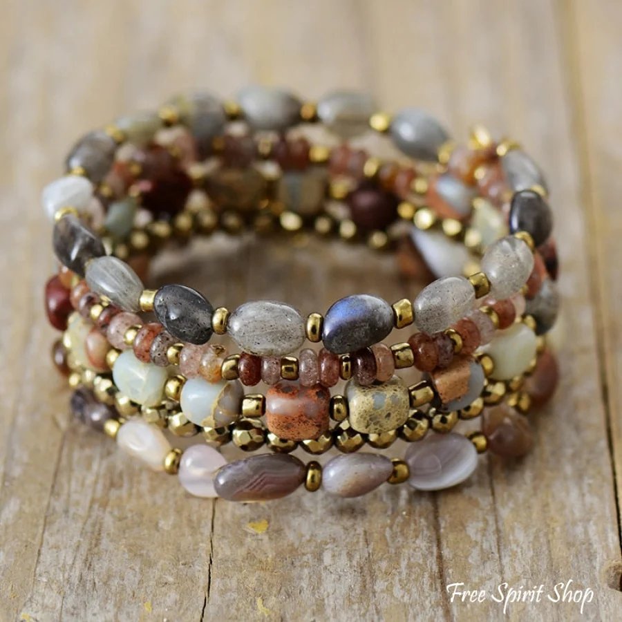 Natural Labradorite King Jasper Botswana Agate Bead Bracelet