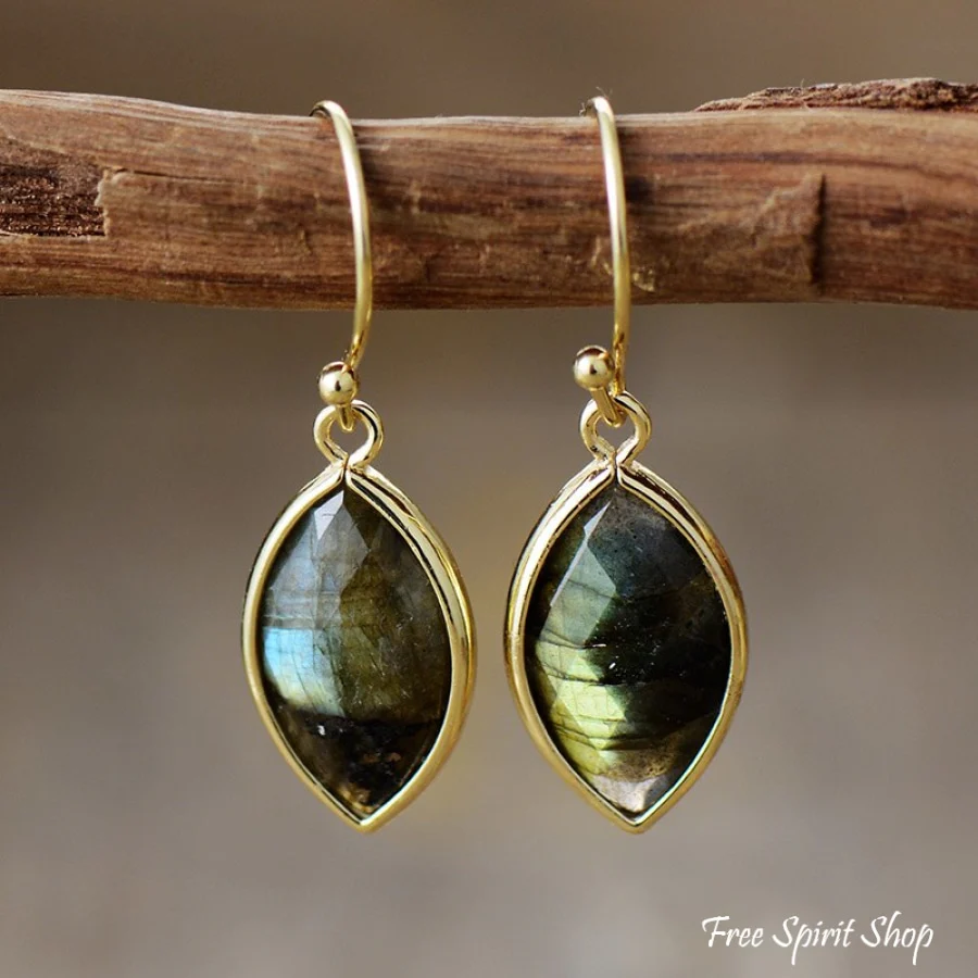 Natural Labradorite Leaf Shape Drop Earrings - Image 3