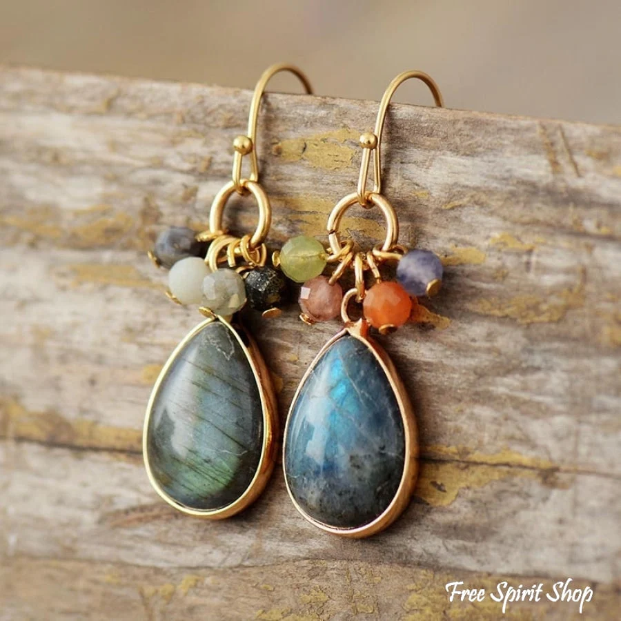 Natural Labradorite & Mixed Beads Drop Earrings - Image 2