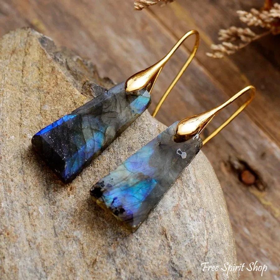 Natural Labradorite Pyramid Earrings - Image 2