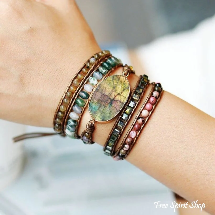 Natural Labradorite Rhodochrosite & Moss Agate Beaded Wrap Bracelet