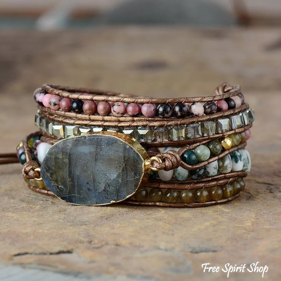 Natural Labradorite Rhodochrosite & Moss Agate Beaded Wrap Bracelet - Image 2