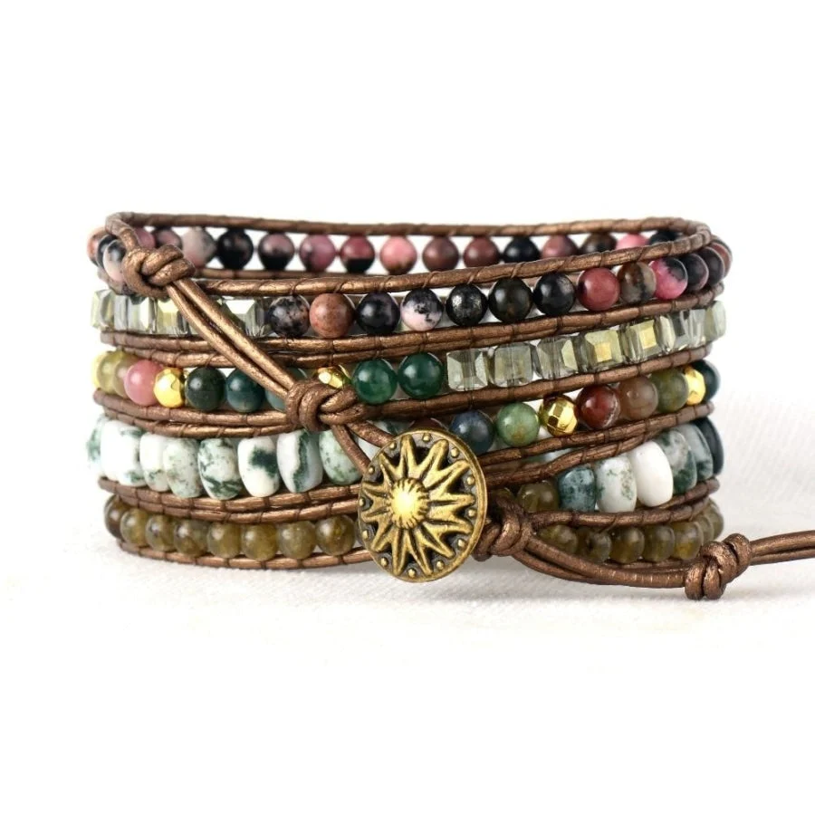 Natural Labradorite Rhodochrosite & Moss Agate Beaded Wrap Bracelet - Image 3