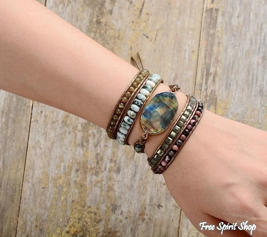Natural Labradorite Rhodochrosite & Moss Agate Beaded Wrap Bracelet - Image 4