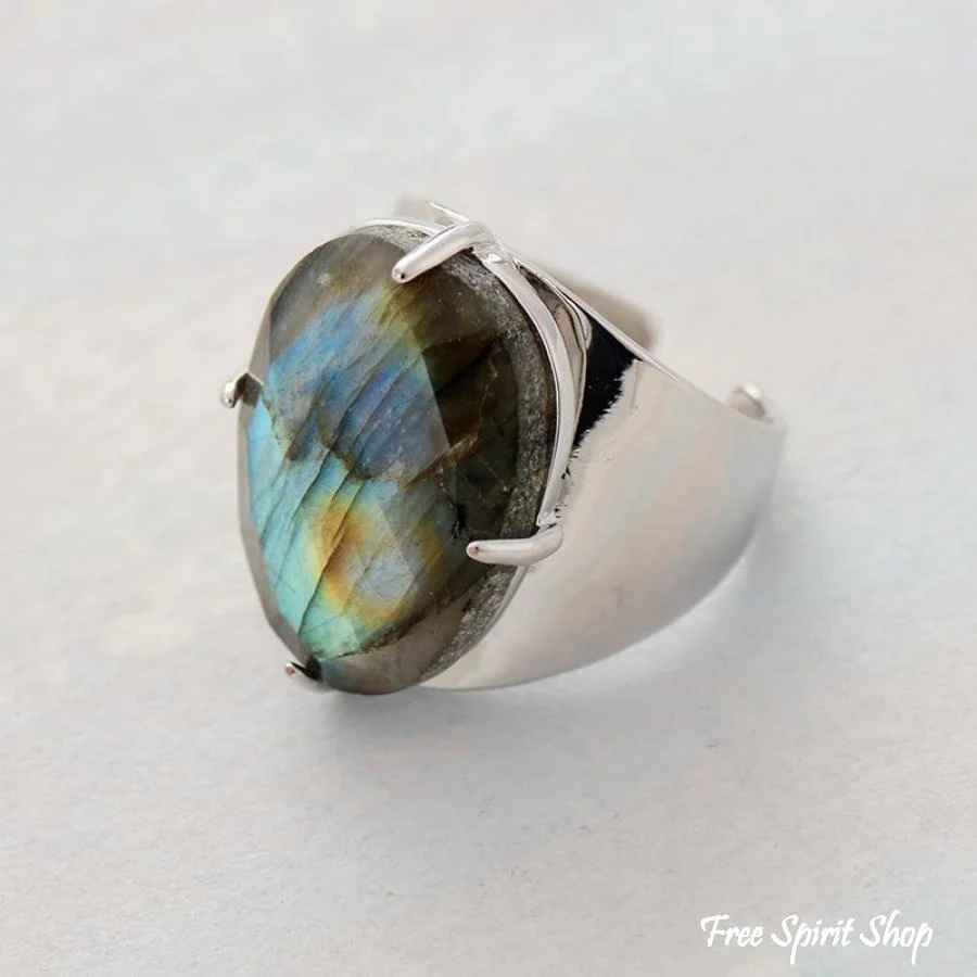 Natural Labradorite Silver Cuff Ring - Image 3