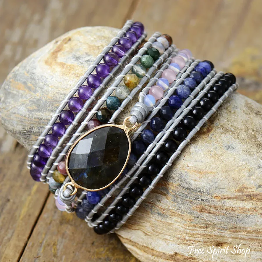 Natural Labradorite Sodalite Indian Agate Wrap Bracelet - Image 2
