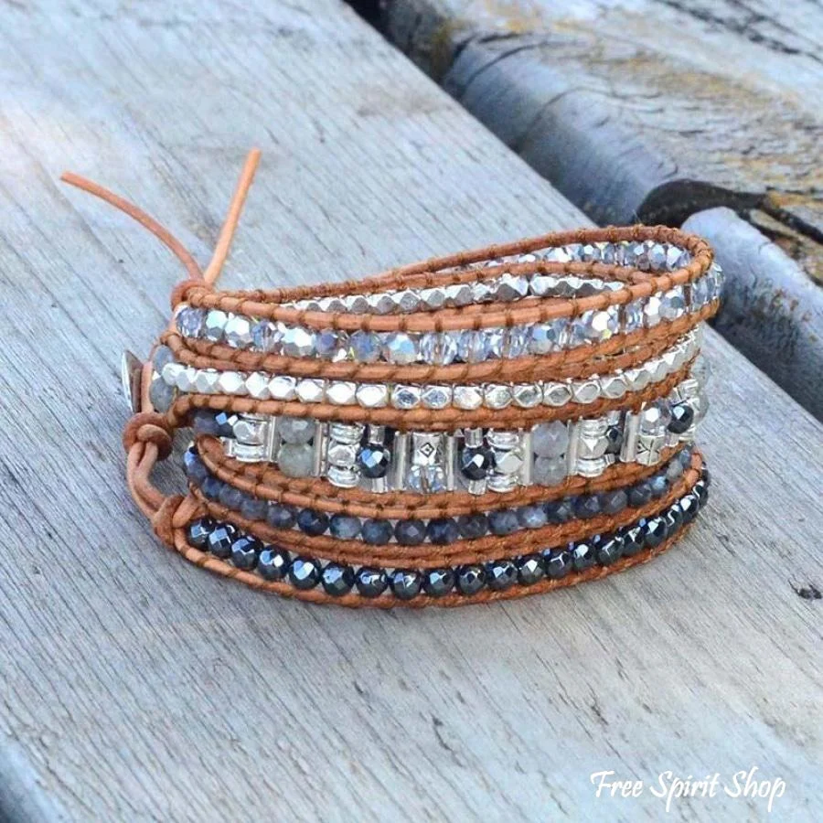 Natural Labradorite Stone Leather Wrap Bracelet - Image 2