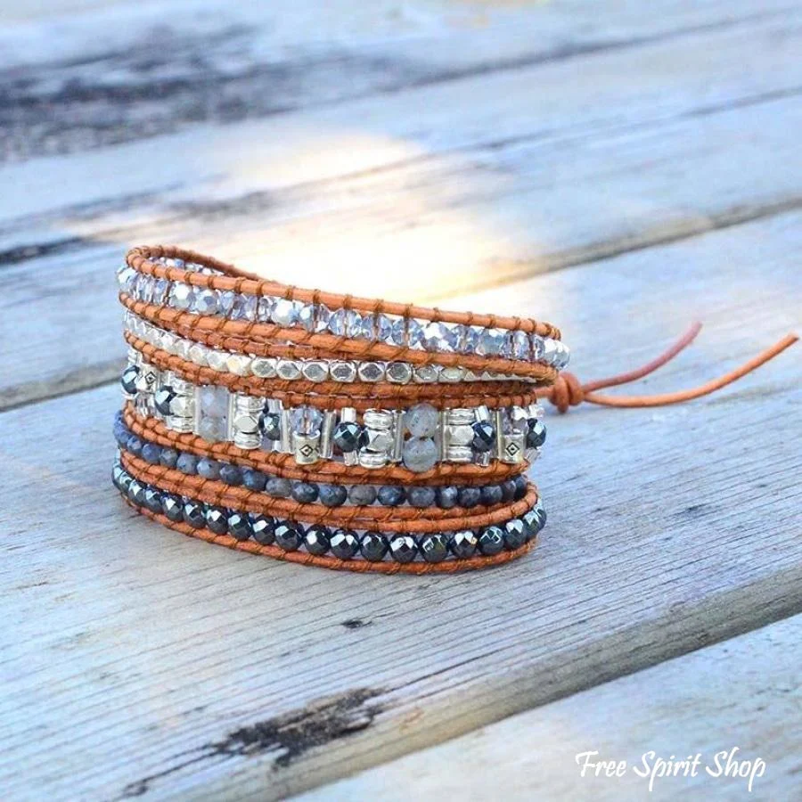 Natural Labradorite Stone Leather Wrap Bracelet - Image 3