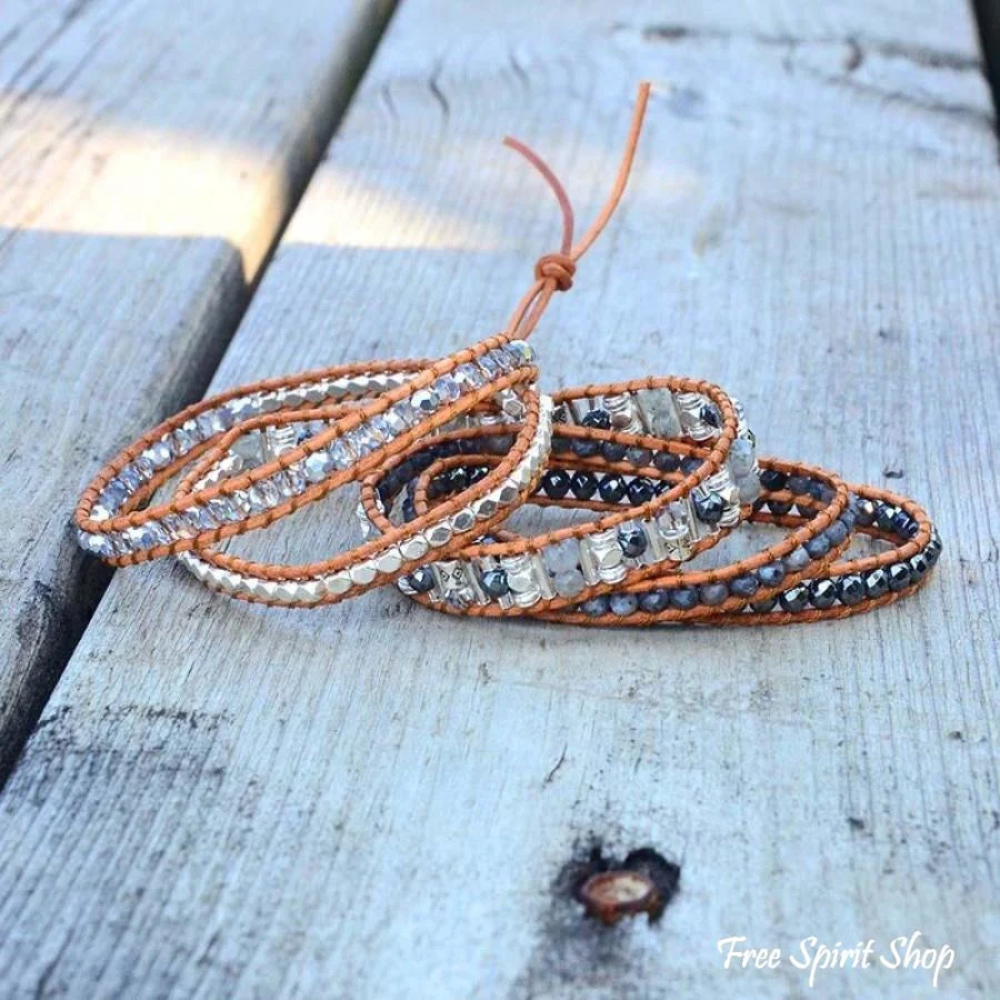 Natural Labradorite Stone Leather Wrap Bracelet - Image 4