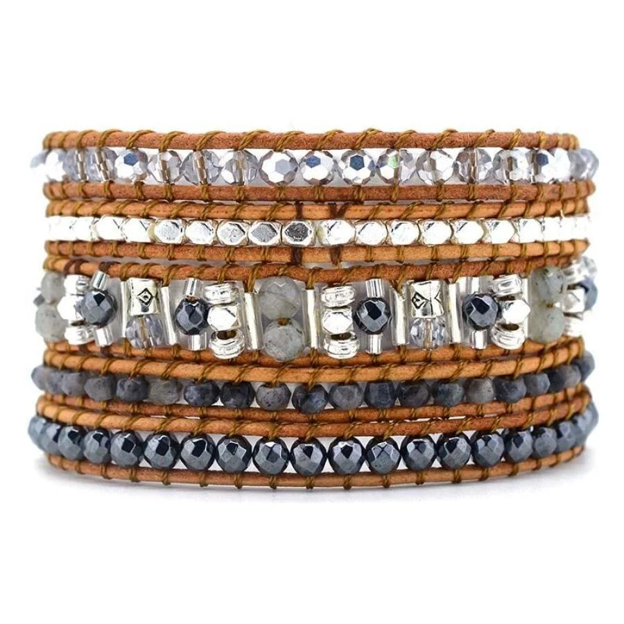 Natural Labradorite Stone Leather Wrap Bracelet - Image 5